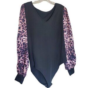 SHEIN Bodysuit Black with Animal Print Cut-Out Sleeves 2XL NWOT